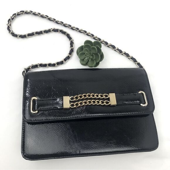 Anne Klein Black Patent Leather Gold Accent Shoulder Bag - Picture 1 of 15